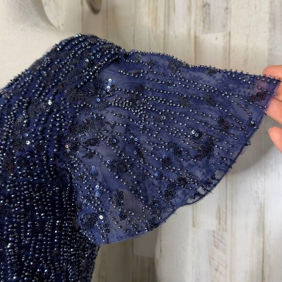 Mac Duggal Midnight Blue Embellished Flutter Sleeve Tea-Length Dress Size 0 NEW! - Picture 12 of 13